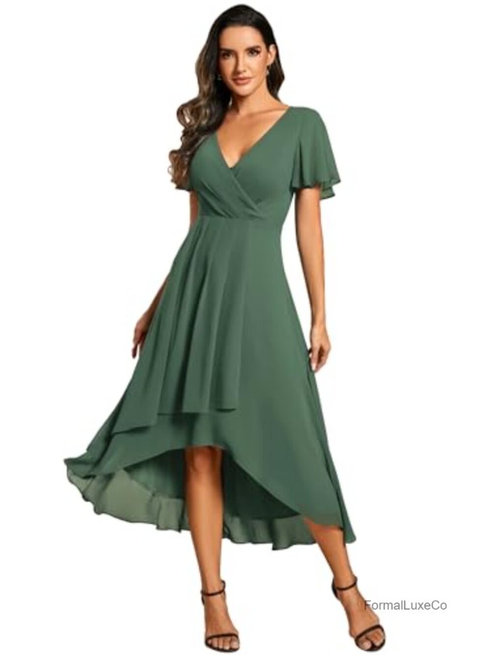 Chiffon Midi Wedding Guest Dress High Low Ruffle Sleeve Semi Formal